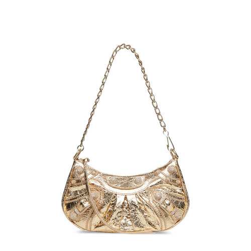 Balenciaga/巴黎世家 22新款LE CAGOLE系列 女士迷你金色小羊皮金扣飾白色水鉆拉鏈開合單肩手提鏈條半月包695814210D48006