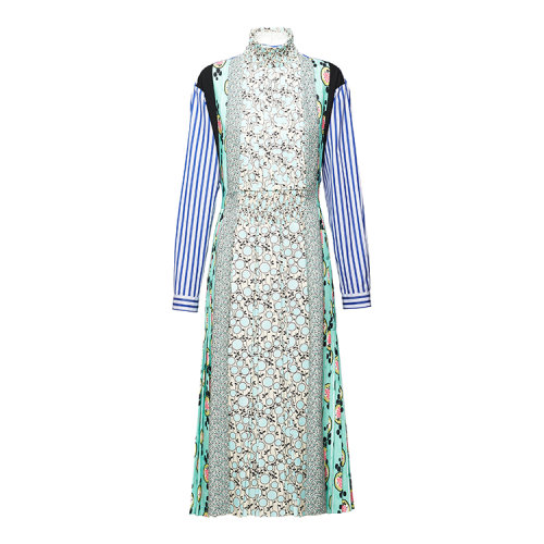 PRADA/普拉達(dá) 藍(lán)色 女士秀款條紋拼接碎花襯衫連衣裙 P39S2R_1VVE_F0ZMG_S_201