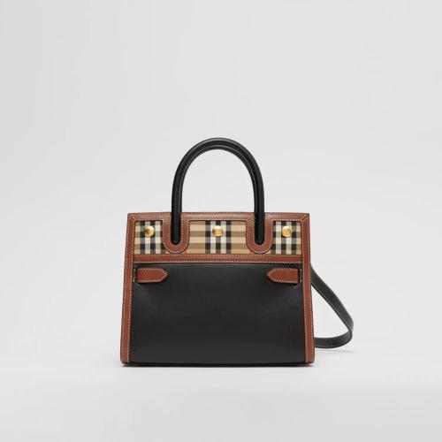  BURBERRY 22年秋冬 女士 Title - 迷你皮革拼 Vintage 格紋雙提柄泰爾勒手袋 80252661 預定商品1-3周發(fā)貨