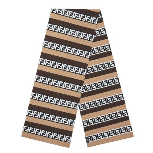 FENDI/芬迪 男士米色和棕色條紋FF圖案羊毛圍巾FXS124AH84F1C2N