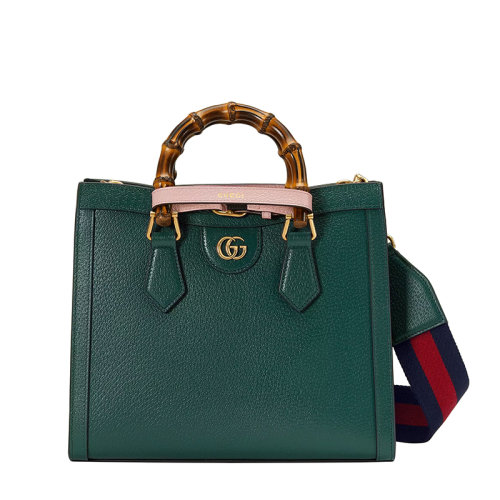 GUCCI/古馳 22春夏新款Diana系列 女士小號綠色皮革粉色飾帶金扣雙竹節(jié)提手紅藍(lán)肩帶單肩手提托特包702721U3ZDT3670