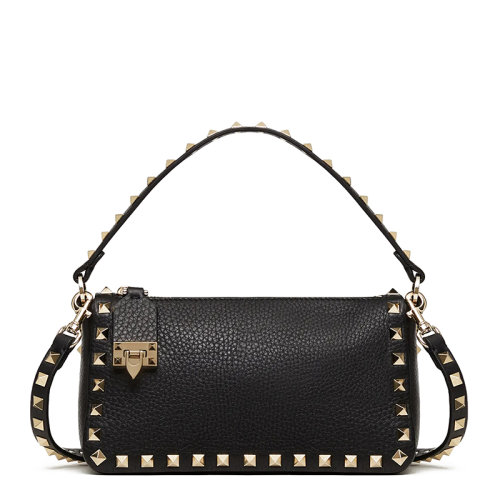 Valentino/華倫天奴 21新款 ROCKSTUD系列 女士小號(hào)黑色粒面小牛皮飾釘拉鏈單肩斜挎手提包WW2B0J47VSF0NO