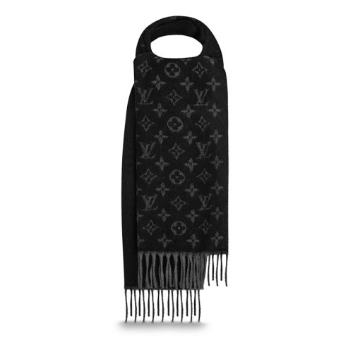 Louis Vuitton/路易威登 MONOGRAM系列 男士黑色羊絨羊毛混紡流蘇logo圖案圍巾M71607