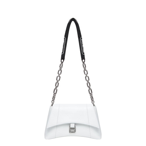 Balenciaga/巴黎世家 22春夏新款DOWNTOWN系列 女士小號白色紙感牛皮革B吊墜印花拼接鏈式肩帶腋下單肩沙漏包 6890581I7BY9060