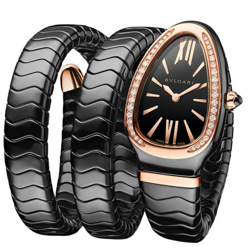 BVLGARI/寶格麗 鑲有鉆石的18 K金玫瑰金表圈和黑色陶瓷雙螺旋表鏈 黑色烤漆表盤和表殼  SERPENTI SPIGA石英手表 35毫米102885
