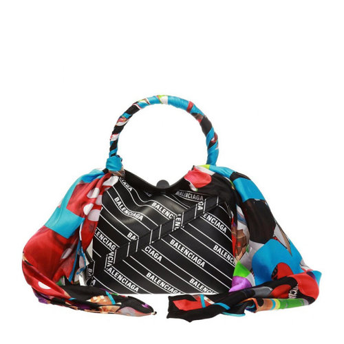 Balenciaga/巴黎世家 女士黑色牛皮字母徽標(biāo)印花絲巾裝飾可拆卸肩帶手提包單肩包斜挎包女包 570093-0HIZ7-1085