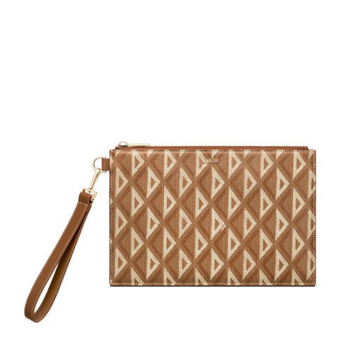 DIOR/迪奧 22春夏新款 男士咖啡色CD Diamond圖案帆布光滑牛皮革A5拉鏈?zhǔn)帜冒?ESCA338DCO_H24E