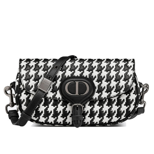 DIOR/迪奧 22新款BOBBY EAST-WEST系列 女士黑色/白色千鳥格壓紋小牛皮CD銀扣翻蓋開合單肩斜跨包M9327BIMP_M911