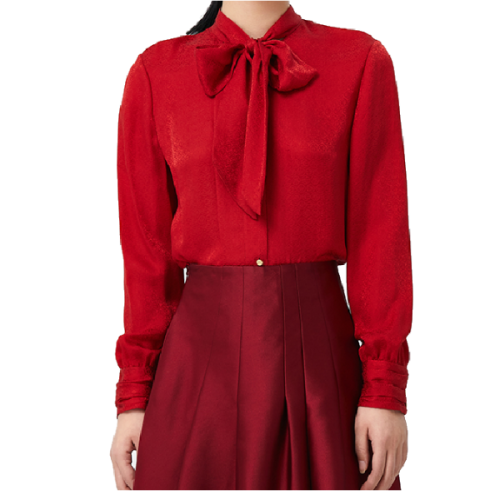 HUI/卉21年秋冬新品 胭脂紅LOGO燈籠提花歐洲雙織提花工藝100%重磅真絲飄帶襯衣女士長袖襯衫HR41D01606