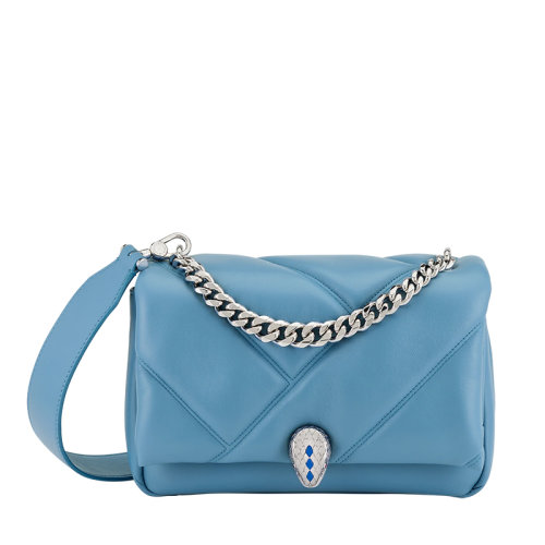 BVLGARI/寶格麗 SERPENTI CABOCHON系列 女士藍色小牛皮蛇首扣翻蓋單肩斜挎手拿包291490