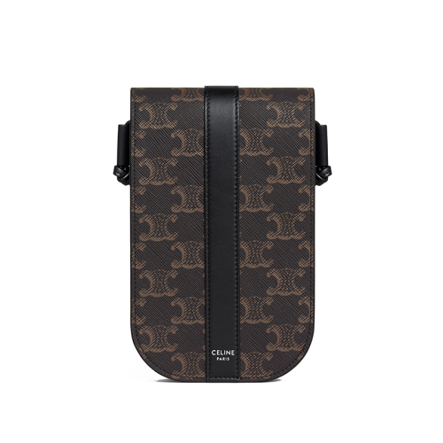 CELINE/賽琳 22新款TRIOMPHE系列 男士黑色帆布印花小牛皮飾邊按扣翻蓋斜挎手機(jī)包10H742DCH.38SI