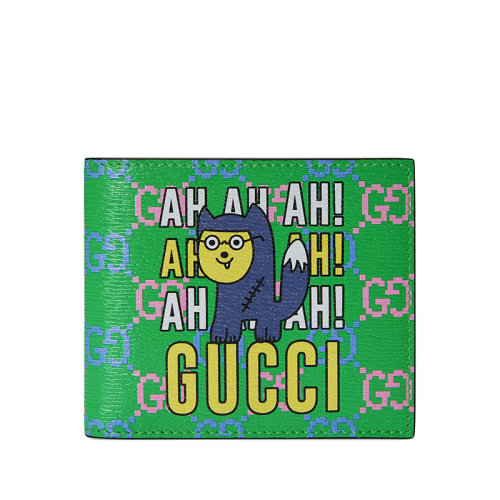 GUCCI/古馳 22新款 男士Gucci小浣熊藍(lán)色粉色雙G印花綠色皮革雙折錢包451268U21AG3075