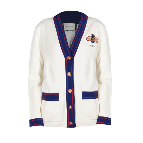 GUCCI/古馳 古琦女裝 蜜蜂刺繡 女士白色織棉單排扣條紋休閑針織衫/毛衣 527189 X9X45 9101