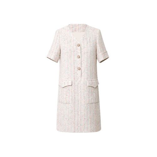 GeleiStory/GeleiStory 夏季新款法式情懷輕熟少女心精致V領(lǐng)風(fēng)格口袋小香短袖氣質(zhì)連衣裙 女士裙裝＞女士連衣裙