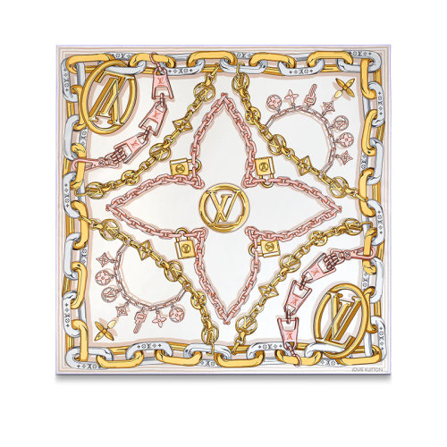 Louis Vuitton/路易威登 22年秋冬新款 BEJEWELED 90系列 女士米色桑蠶絲鏈帶鎖扣印花方巾絲巾M77655