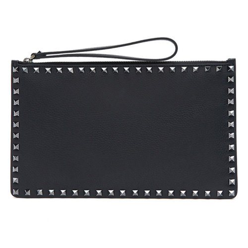 Valentino/華倫天奴  男包女包黑色皮革時(shí)尚百搭鈕釘裝飾拉鏈開合手拿包  SY2P0692VAP ONO