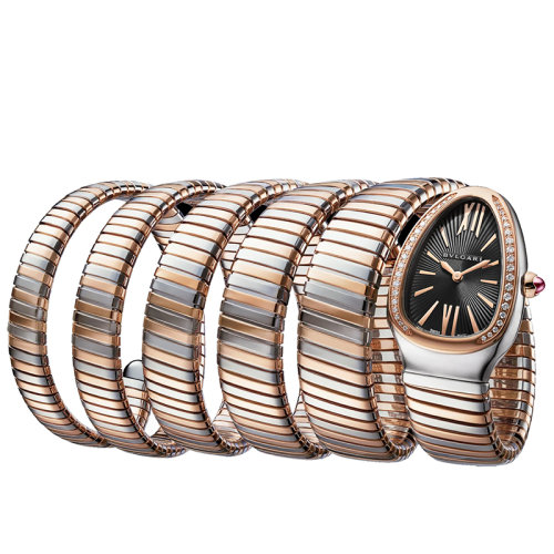 BVLGARI/寶格麗 不銹鋼表殼的腕表 18K金玫瑰金表圈和金和精鋼表鏈 鑲有明亮式切割鉆石 黑色烤漆表盤 SERPENTI TUBOGAS石英手表 35毫米102621