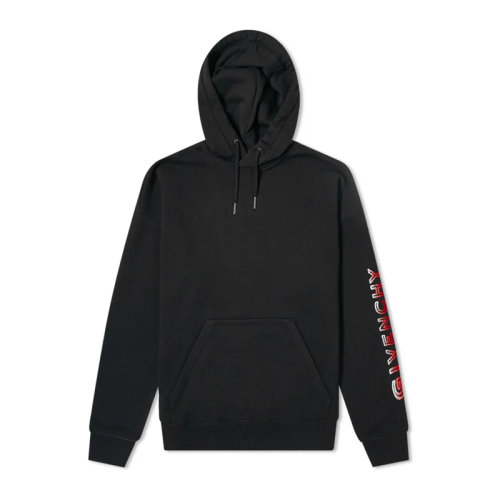 Givenchy/紀(jì)梵希 男士黑色棉質(zhì)平紋針織經(jīng)典字母徽標(biāo)印花裝飾長袖上衣衛(wèi)衣連帽衫套頭衫運動衫 BMJ05V30AF-001