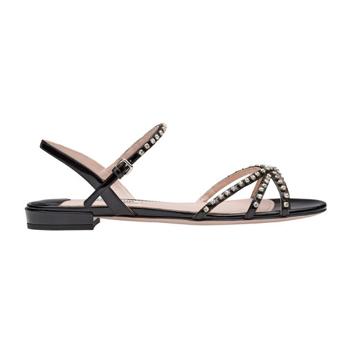 MiuMiu/繆繆 女士仿水晶裝飾麂皮平底涼鞋 5X857B_XZY_F0002_F_010【微瑕疵-鞋底破皮】意碼39