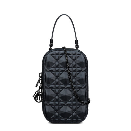 DIOR/迪奧 22春夏新款LADY DIOR系列 女士黑色棱形鉆石藤格紋小牛皮黑扣黑鏈配可拆卸吊飾單肩手提手機包S0872SNEA_M900