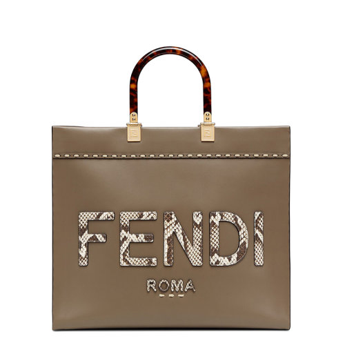 FENDI/芬迪 20  SUNSHINE 系列 女士中號(hào)灰色小牛皮有機(jī)玻璃提手蛇皮徽標(biāo)印花手提單肩包8BH386AHN5F1FEN
