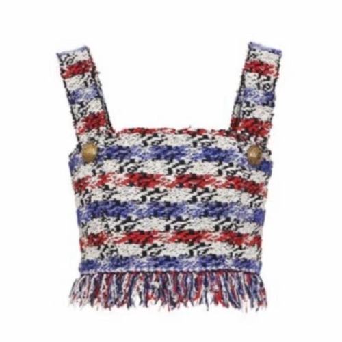 BALMAIN/巴爾曼  明星同款流蘇邊修身女士無袖T恤UF00001K204 GEU