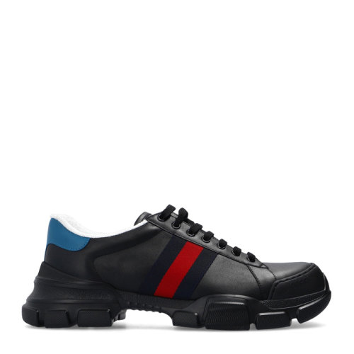 GUCCI 古馳 男士 鞋靴  黑色低幫系帶經(jīng)典條紋標(biāo)志皮革運(yùn)動(dòng)鞋 男士休閑運(yùn)動(dòng)鞋