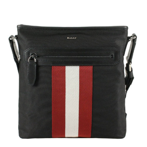 BALLY/巴利 男士黑色尼龍配皮Trainspotting紅白條紋字母徽標(biāo)單肩包斜挎包郵差包男男包 6220467