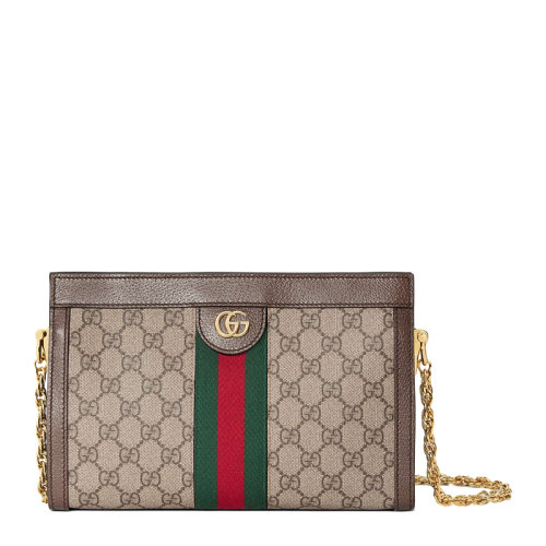 GUCCI 古馳  Ophidia系列 女士褐色帆布小號(hào)GG印花紅綠條紋鏈條包單肩包斜挎包