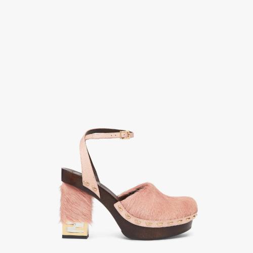  FENDI芬迪 22年秋冬 女士 高跟涼鞋 粉紅色馬毛高跟木底鞋 8Z837_LJ2F1JG2