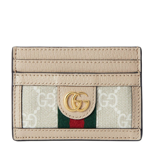GUCCI/古馳 22新款Ophidia系列 女士米色/白色老花帆布配皮金扣飾紅綠織帶錢夾卡夾錢包523159UULAG9682