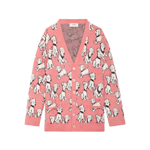 CELINE/賽琳 22年春夏新款 AMY DORIAN聯(lián)名系列 男士亮粉色棉質(zhì)羊毛混紡藝術(shù)家提花拉絨開衫毛衣2A94W531Q.24BP