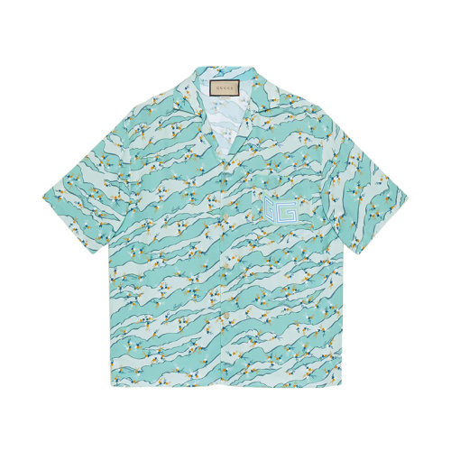 GUCCI/古馳 22年秋冬新款 Lovelight系列 男士薄荷綠色粘膠纖維面料彗星印花短袖保齡球衫襯衫708377ZAKEY3874