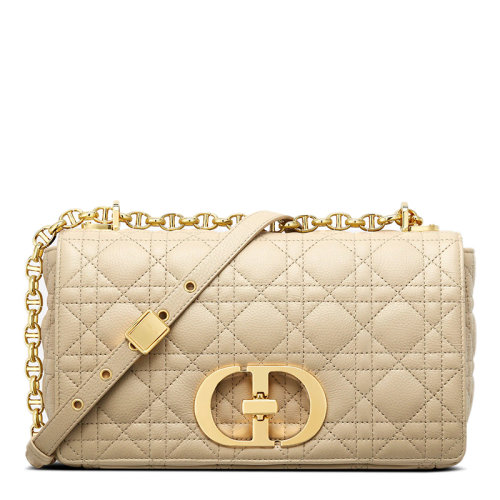 DIOR/迪奧 22春夏新款CARO系列 女士中號(hào)米色柔軟牛皮革藤格紋金扣金鏈翻蓋開合單肩斜挎鏈條包M9242UWHC_M39U