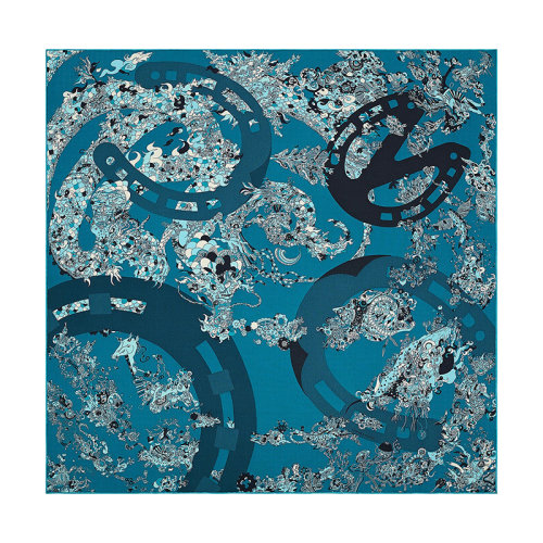 HERMES/愛(ài)馬仕 22年早春新款 Carré H 100 Quatre Chevaux系列 男士藍(lán)色羊絨真絲混紡圍巾H103807T06