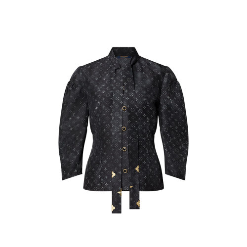 Louis Vuitton/路易威登 22年春夏新款 女士黑色桑蠶絲老花印花燈籠袖襯衫1A9XJC