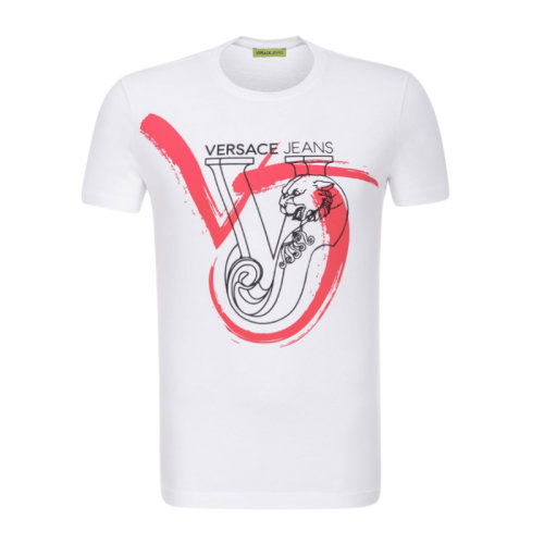 VERSACE JEANS/范思哲牛仔 男士白色棉質(zhì)經(jīng)典字母徽標獅子印花裝飾圓領(lǐng)短袖上衣T恤 B3GNA726-36591-003