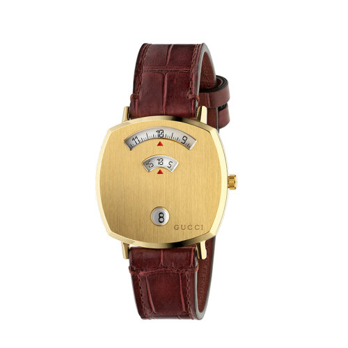  GUCCI/古馳  古馳Grip系列黃金PVD表殼配以鱷魚皮表帶腕表，35毫米