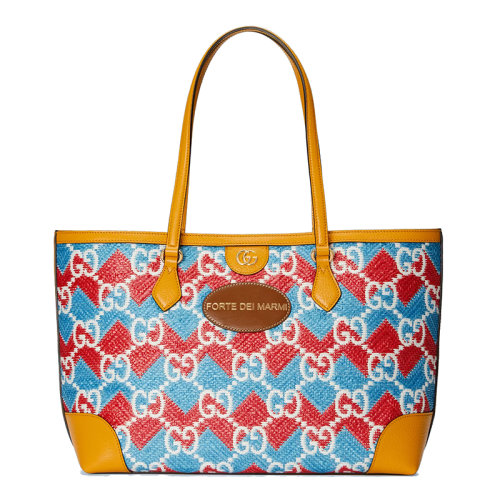 GUCCI/古馳 22新款 女士淺藍(lán)色/紅色稻草效果面料配黃色皮革GG老花Forte Dei Marmi字樣刺繡手提包托特包631685UYFDG8831