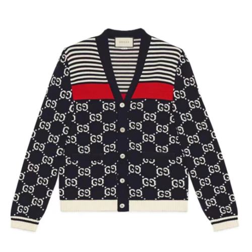 GUCCI/古馳  新款男士深藍(lán)色和白色提花純棉V領(lǐng)針織開(kāi)衫523048 X9I07 4696【主推】