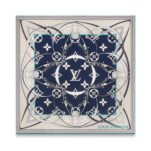 預(yù)訂款一個月 Louis Vuitton/路易威登 22年秋冬新款 ULTIMATE MONOGRAM 90系列 女士午夜藍色桑蠶絲鏈條和老花圖案方巾絲巾M77776