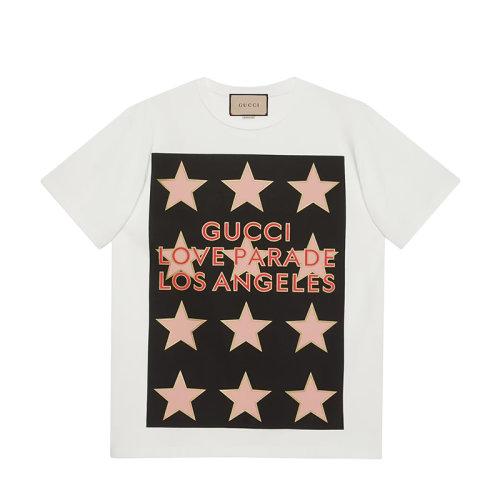 GUCCI/古馳 22年春夏新款 愛(ài)的進(jìn)行曲系列 男士象牙白色純棉Love Parade星星印花短袖T恤548334XJEQI9275
