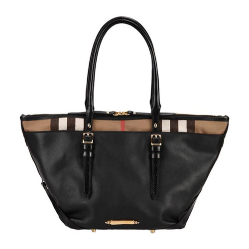 BURBERRY/博柏利 女士黑色牛皮雙拉鏈經(jīng)典格紋手提包單肩包托特包女包 3903381