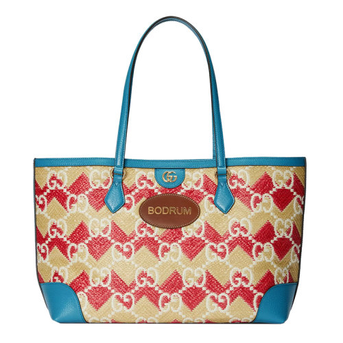 GUCCI/古馳 22新款 女士中號奶油色/粉色草編效果老花印花圖案織物Bodrum字母皮飾藍色皮革細節(jié)滾邊金扣單肩手提托特包631685UYFJG8825