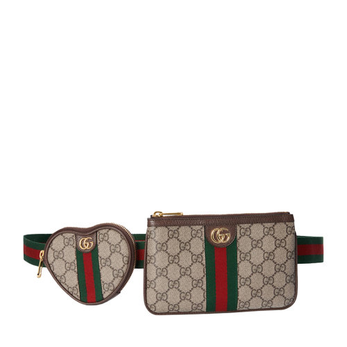GUCCI/古馳 22春夏新款Ophidia系列 女士米色/烏木色老花帆布紅綠織帶配金扣心形和矩形腰包 69880596IWG8745