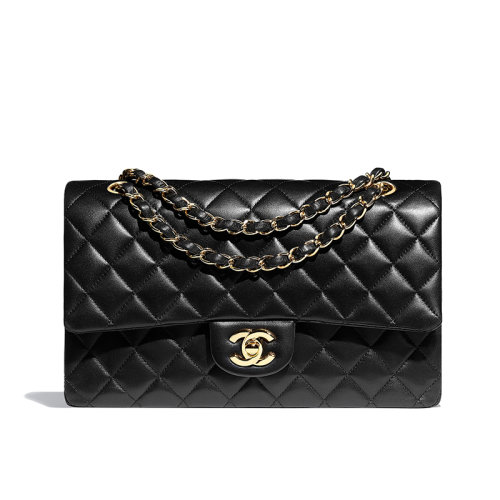 CHANEL/香奈兒 經(jīng)典款CF 女士中號黑金小羊皮鏈條單肩包 A01112