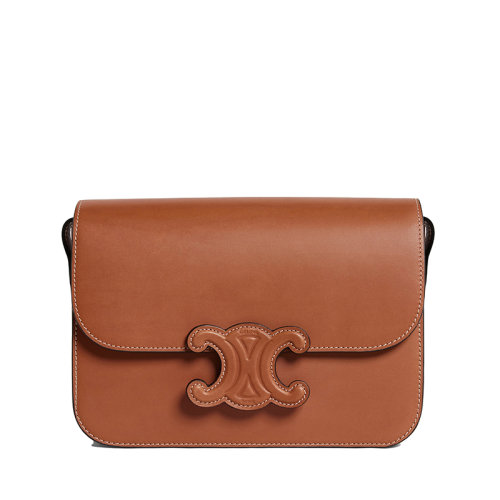 CELINE/賽琳 22新款CUIR TRIOMPHE系列 女士中號(hào)黃褐色牛皮革同色系凱旋扣翻蓋開(kāi)合單肩斜挎包199223BFN.04LU