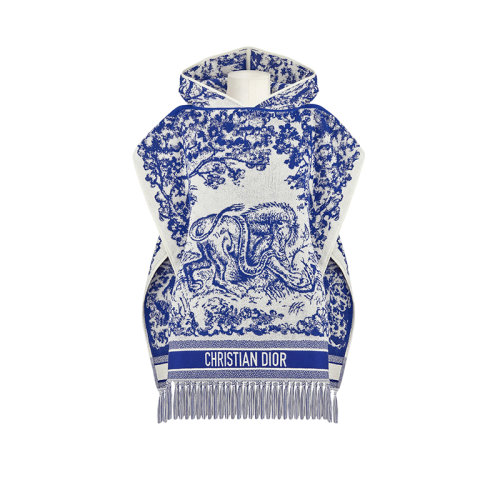 DIOR/迪奧 22年秋冬新款 女士象牙色/熒光藍(lán)色純棉Sauvage茹伊印花連帽披風(fēng)14JOU370I900_C506