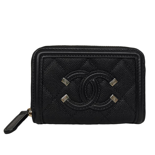 CHANEL/香奈兒 經(jīng)典款黑色魚子紋小牛皮雙C拉鏈短款錢包