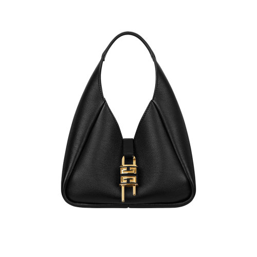 Givenchy/紀(jì)梵希 22新款 G-Hobo系列 女士黑色粒面小牛皮鱷魚壓紋皮革手柄金色飾面單肩腋下手提包BB50QNB1M2-001